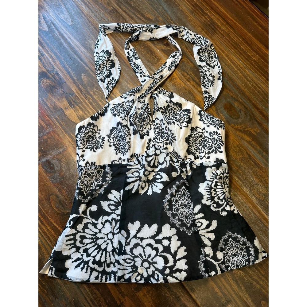 White House Black Market Womens 4 Cotton Silk Halter Top Black White Floral Zip